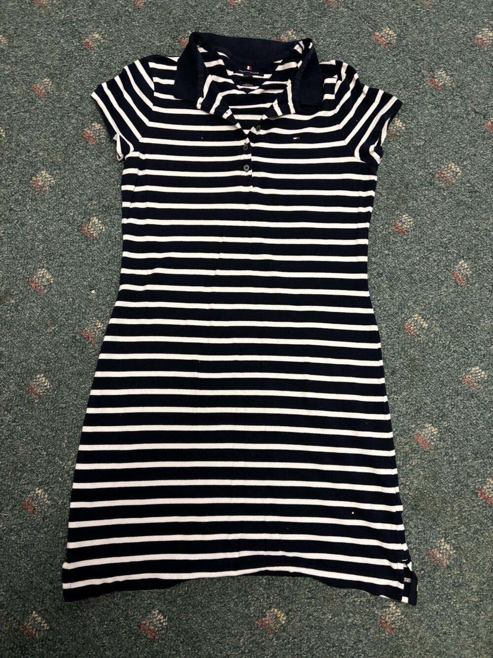 Tommy Hilfiger Women’s Bodycon Striped Dress Crew Neck Button Knee Length M